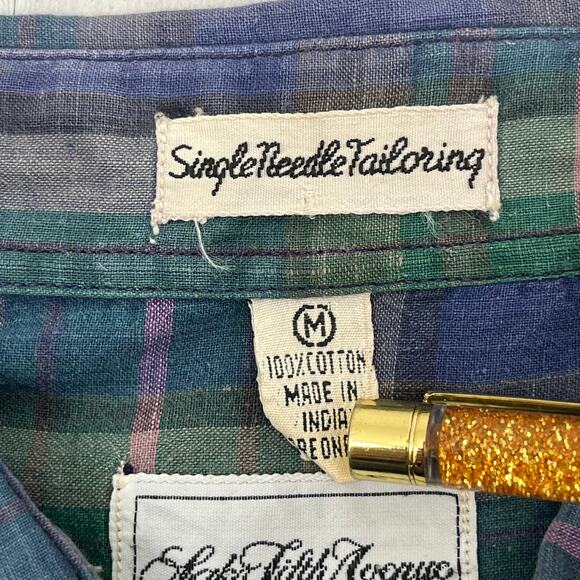Vintage Single Needle Tailoring Long Sleeve Plaid Thin Button Down Shirt Medium - Picture 5 of 8